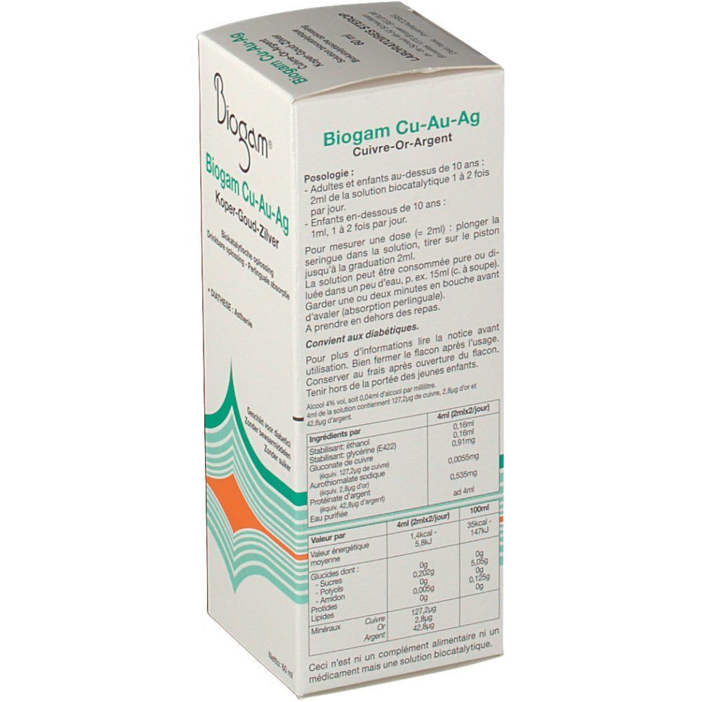Boîte Biogam Cu-Au-Ag. Dos avec texte en néerlandais. Contient des informations sur le dosage, les ingrédients et les valeurs nutritionnelles.