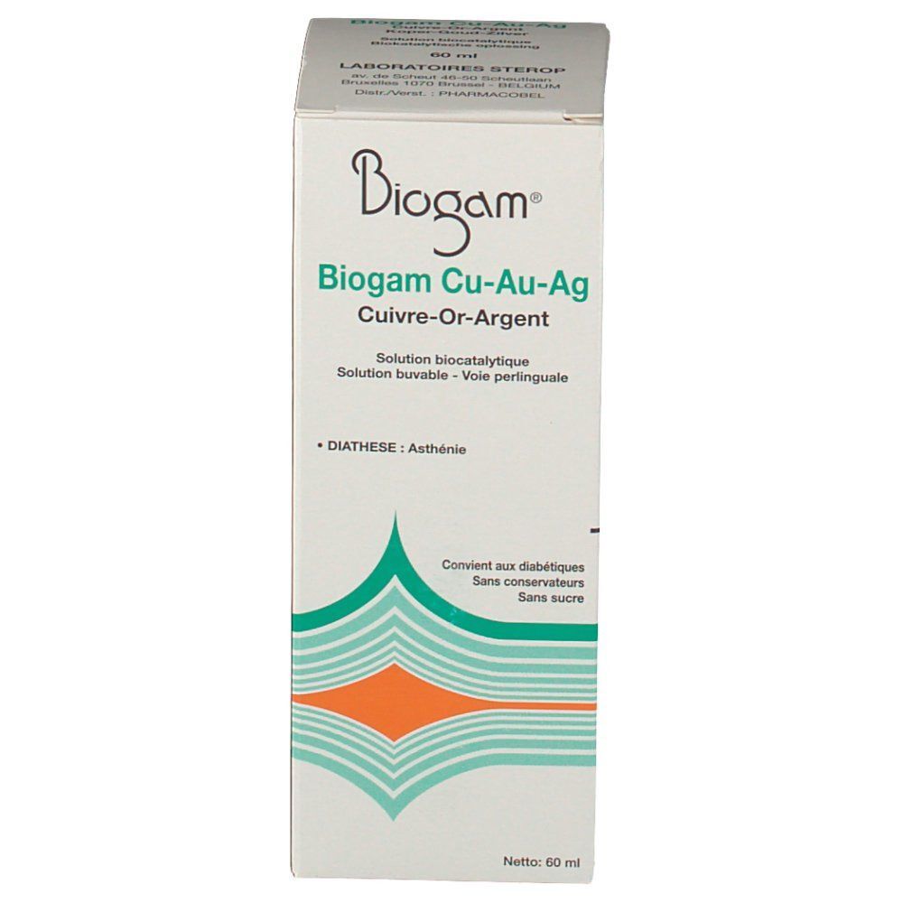 Boîte Biogam Cu-Au-Ag. Face avant avec texte en français. Contient des informations sur Diathèse et les ingrédients.
