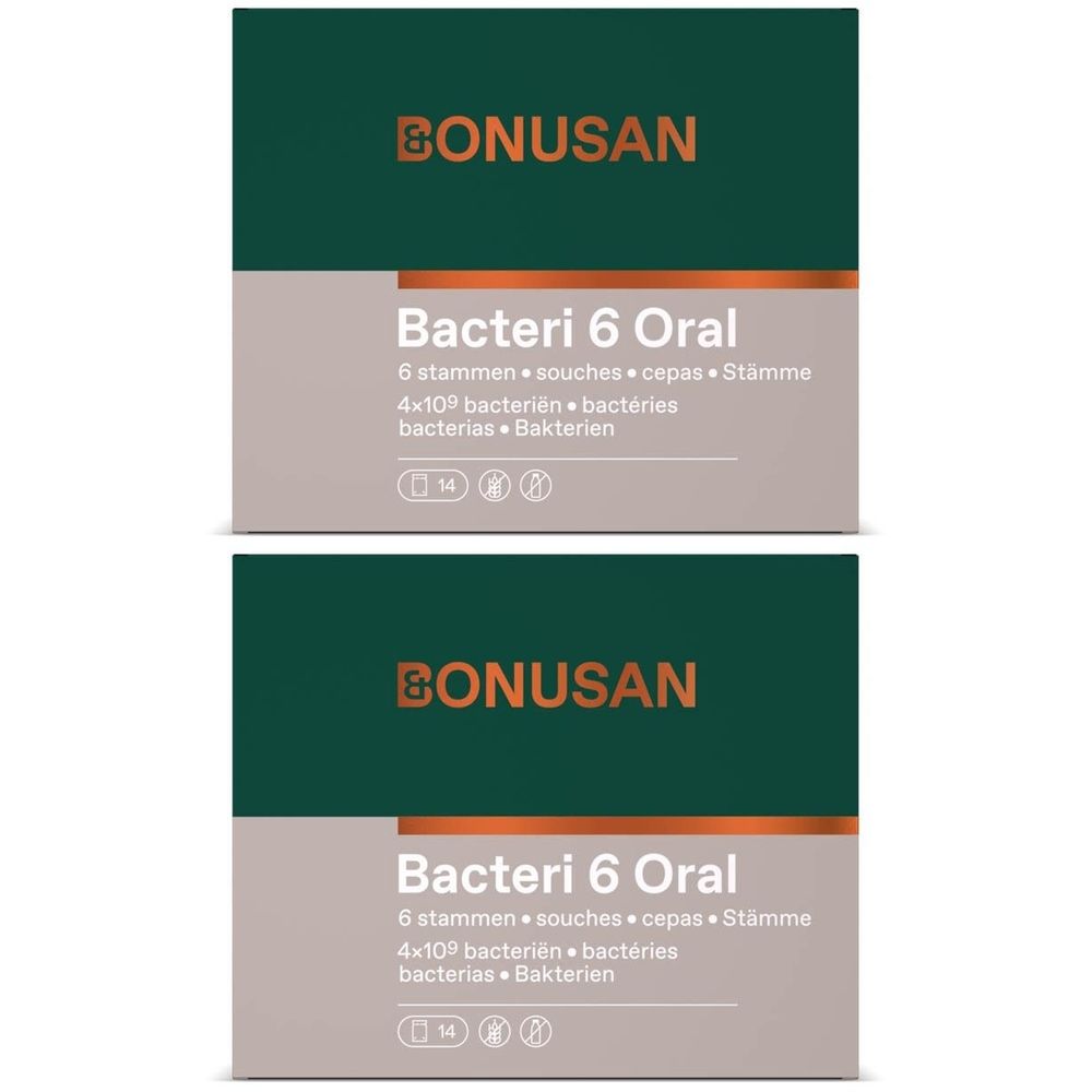 Deux boîtes de BONUSAN Bacteri 6 Oral. Chaque boîte contient 14 sachets. Texte : 6 souches, 4x10⁹ bactéries.