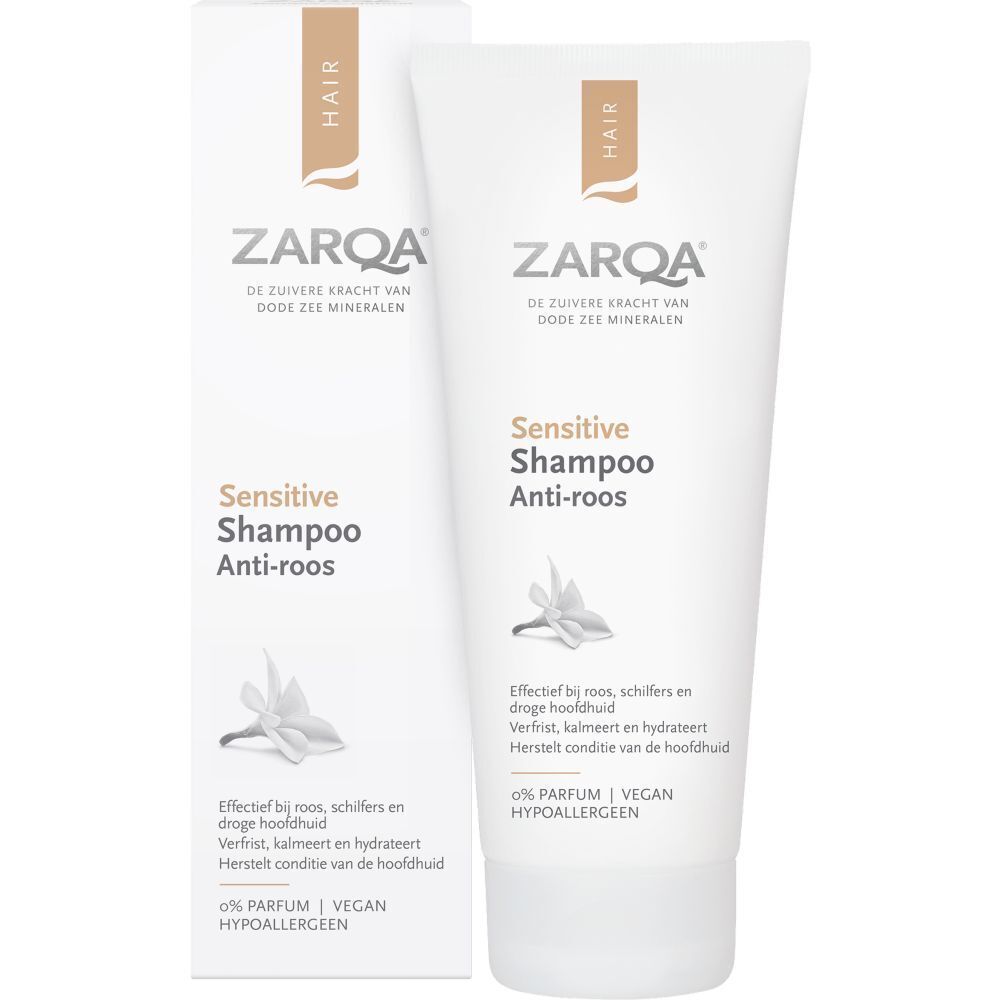 ZARQA Sensitive Shampooing antipelliculaire et emballage. Tube blanc et boîte avec texte et logo. Nom du produit et informations.