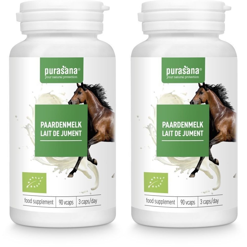 Deux flacons blancs avec étiquettes. Inscription : Purasana, Paardenmelk Lait de Jument. Label bio. 90 gélules.