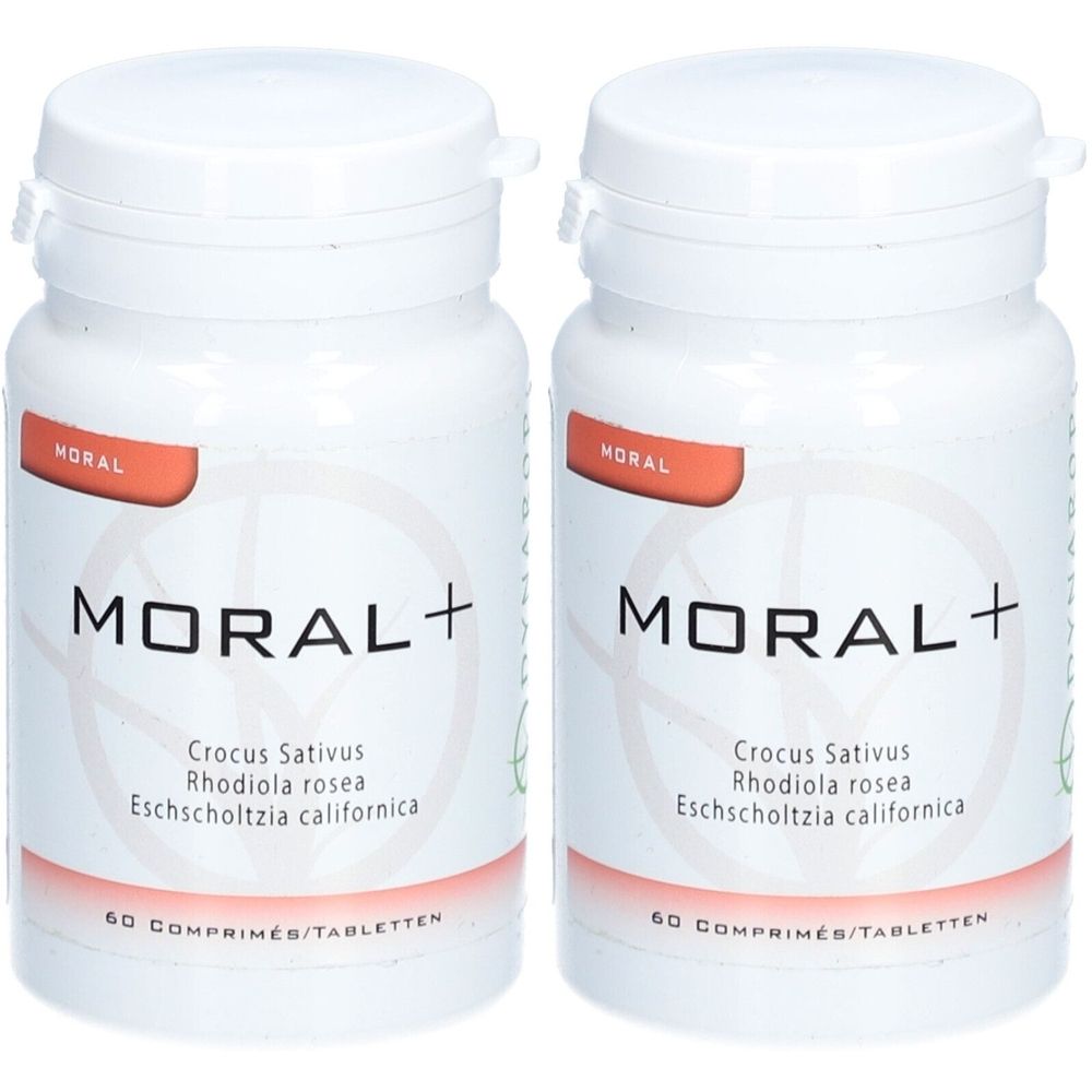Deux flacons blancs avec étiquette orange. Inscription MORAL+ et ingrédients. 60 comprimés.