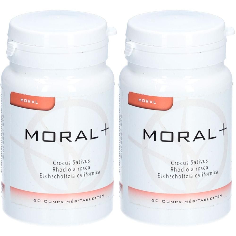 Deux flacons blancs avec étiquette orange. Inscription MORAL+ et ingrédients. 60 comprimés.