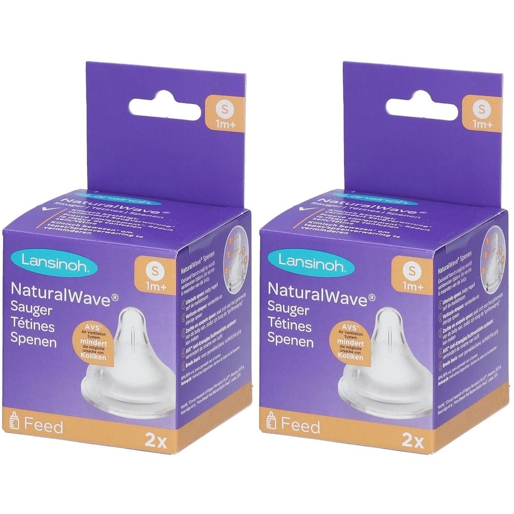 Deux boîtes de tétines Lansinoh NaturalWave. Emballage violet avec nom du produit, taille S et 1m+. 2 pièces par boîte.