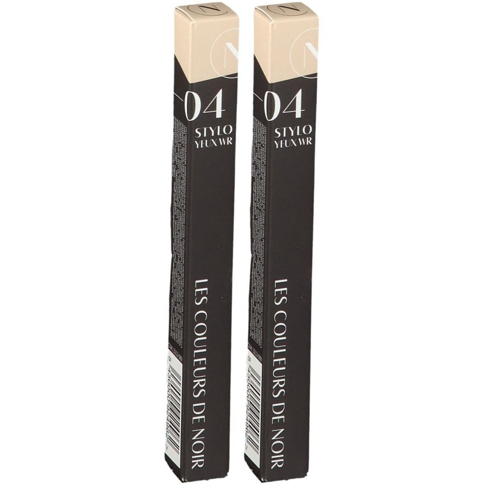 Deux étuis noirs pour crayon yeux. Inscription : 04 Stylo Yeux WR. Les Couleurs de Noir. Couleurs beige et noir.