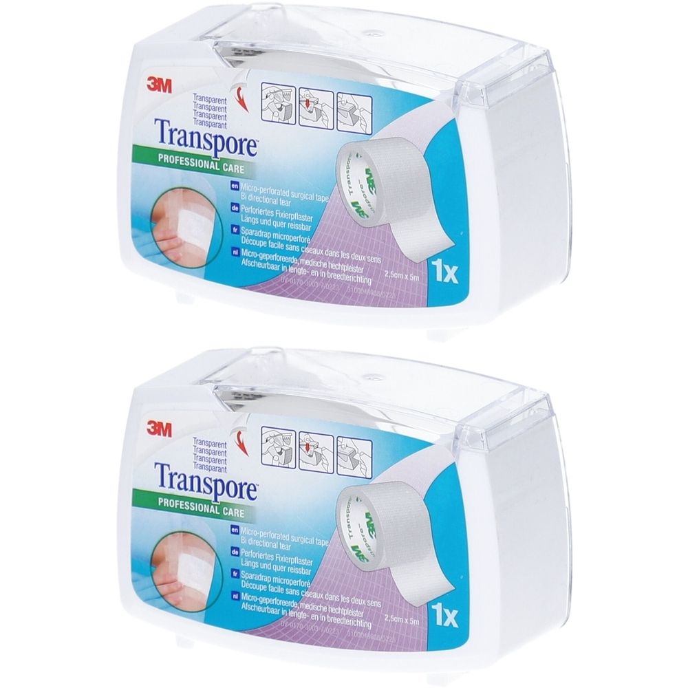 Deux boîtes de ruban adhésif 3M Transpore. Boîtes blanches avec texte: 3M, Transpore, 1x.