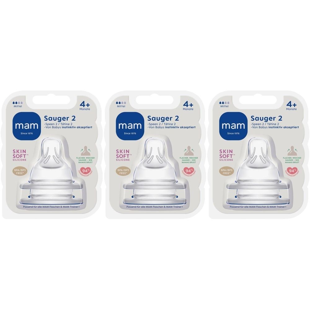 Trois tétines transparentes n°2 dans leur emballage. Marque : mam. Inscription : SKIN SOFT. Pour bébés dès 4 mois.