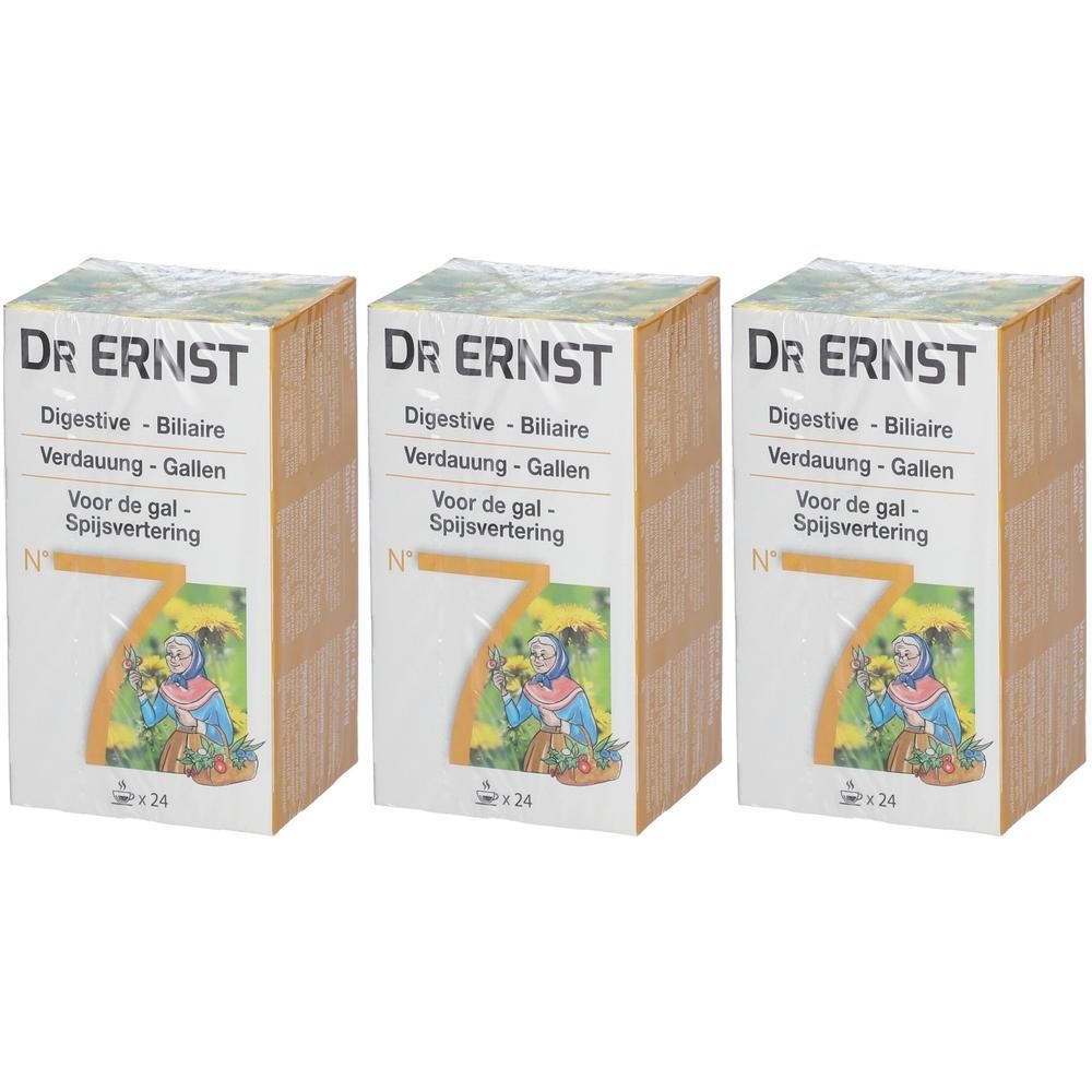 Trois boîtes de DR. ERNST's Nr 7 Tisane Digestive. Inscription: Digestive - Biliaire, Verdauung - Gallen. Illustration d'une femme.