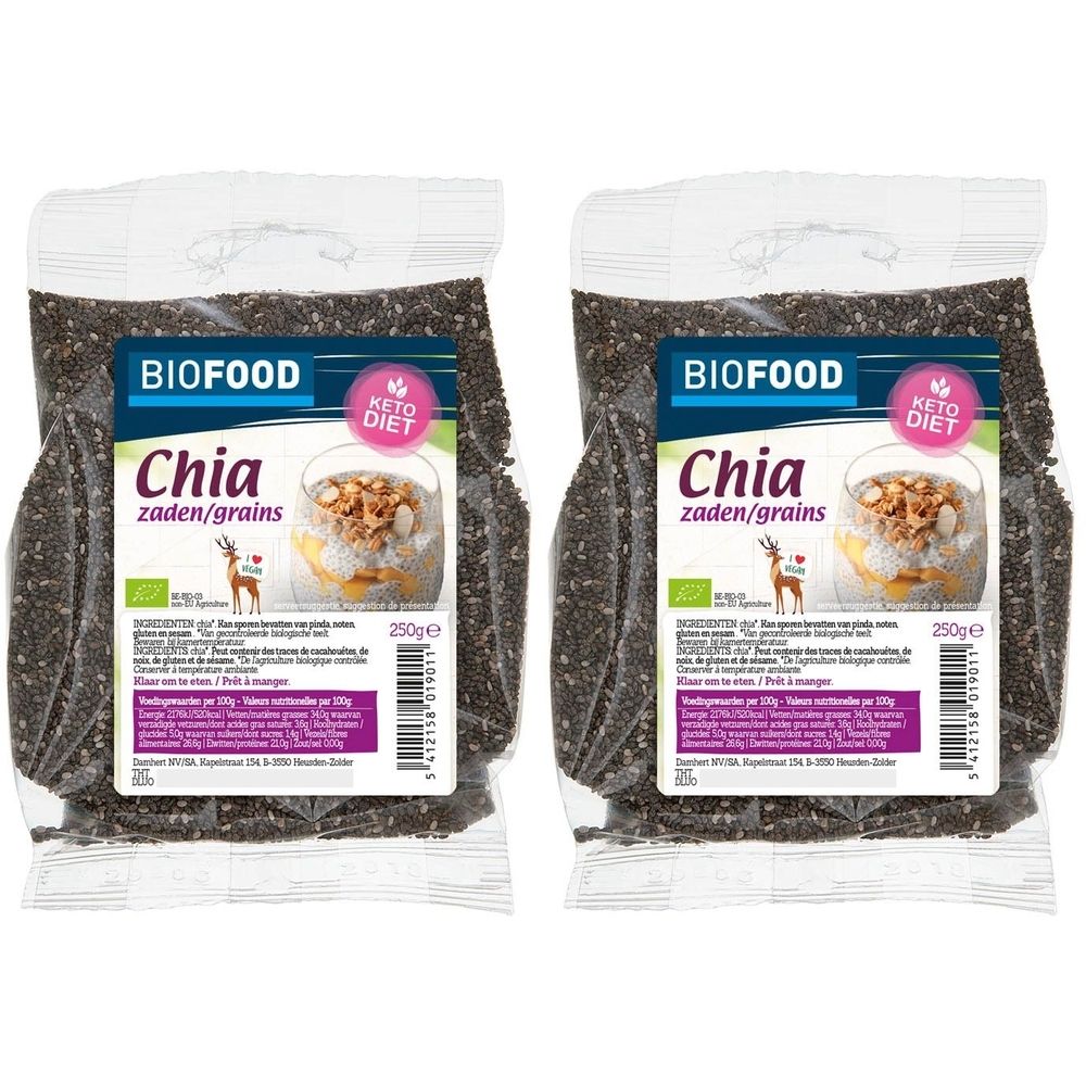 Deux sachets transparents de graines de chia. Étiquettes avec nom du produit, logo bio et indication Keto Diet.