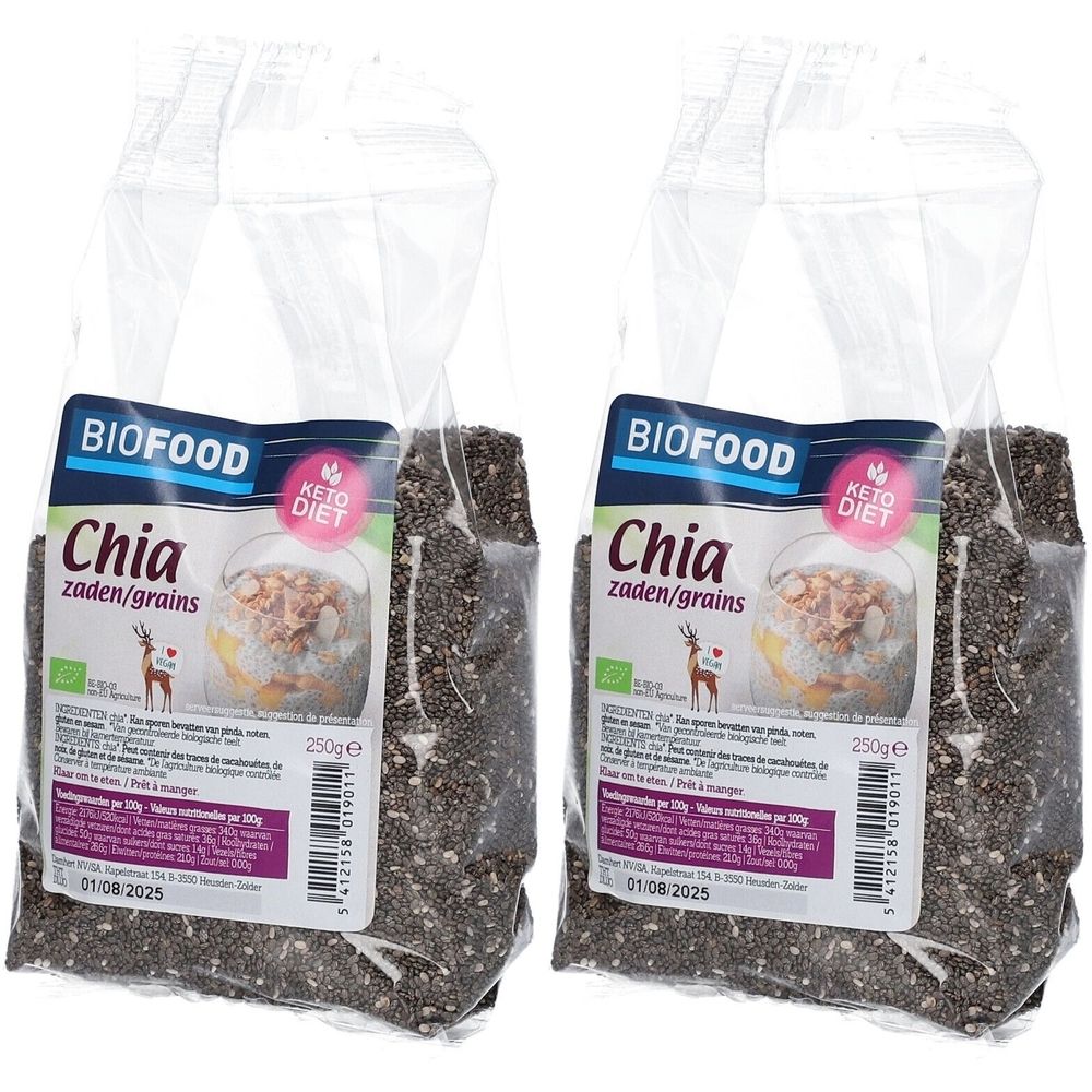 Deux sachets transparents de graines de chia. Étiquettes avec nom du produit, logo bio et indication Keto Diet.