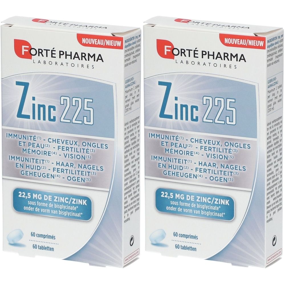Deux boîtes de Forté Pharma Zinc 225. Inscription: Immunité, cheveux, ongles, mémoire, vision. 60 comprimés.