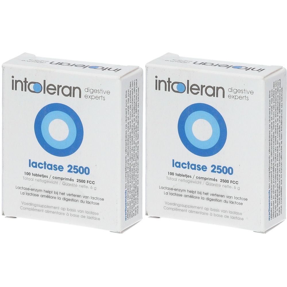 Deux boîtes blanches avec logo cercle bleu. Inscription: intoleran lactase 2500. Texte en plusieurs langues.