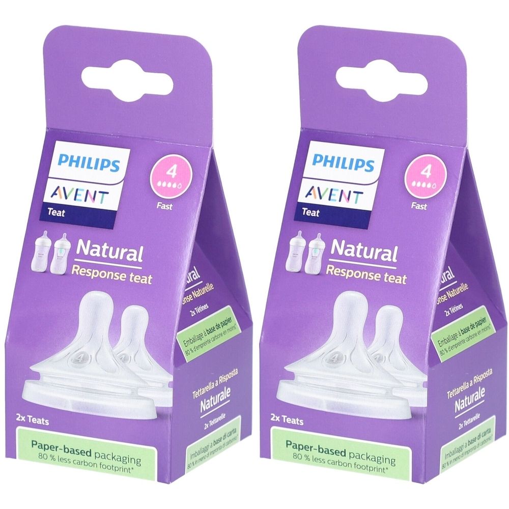 Deux boîtes de tétines PHILIPS AVENT Natural Response. Emballage violet avec image et texte du produit. 2x tétines.