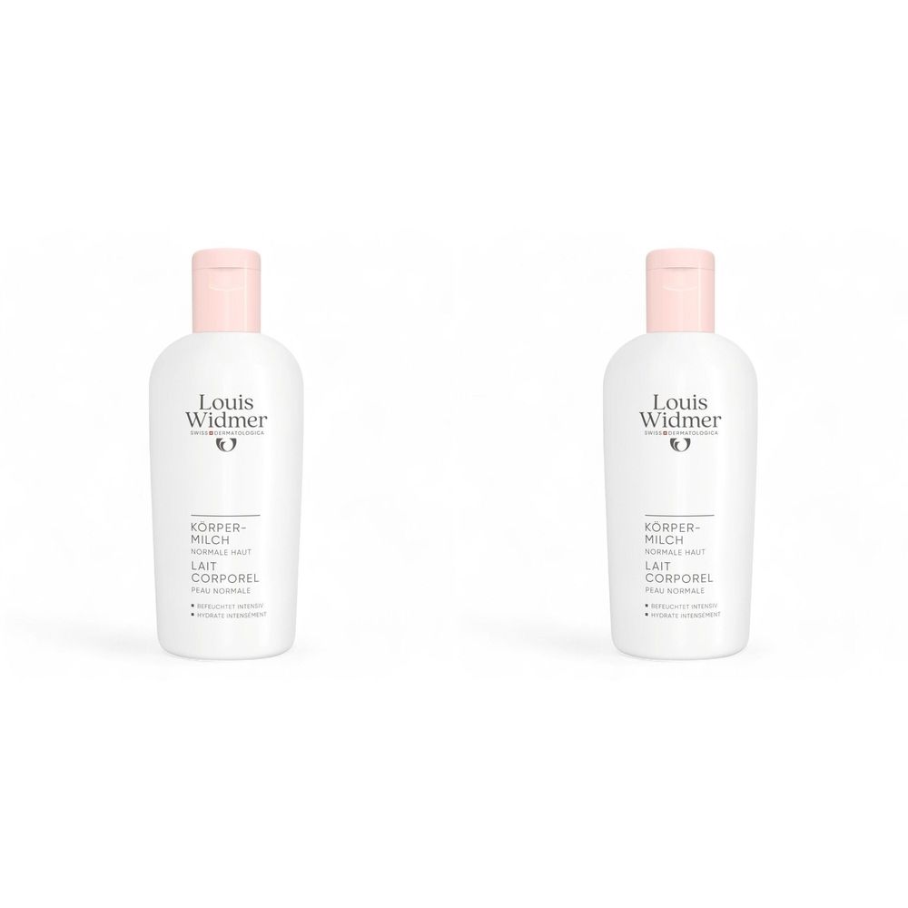 Deux flacons blancs Louis Widmer Lait Corporel. Bouchons roses, logo et texte. Texte: Corps-Lait, Peau Normale.