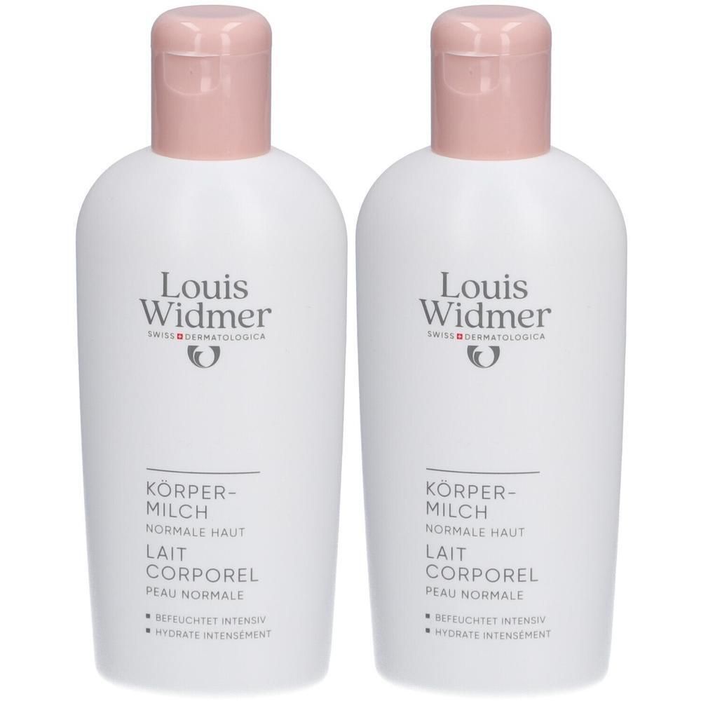 Deux flacons blancs Louis Widmer Lait Corporel. Bouchons roses, logo et texte. Texte: Corps-Lait, Peau Normale.