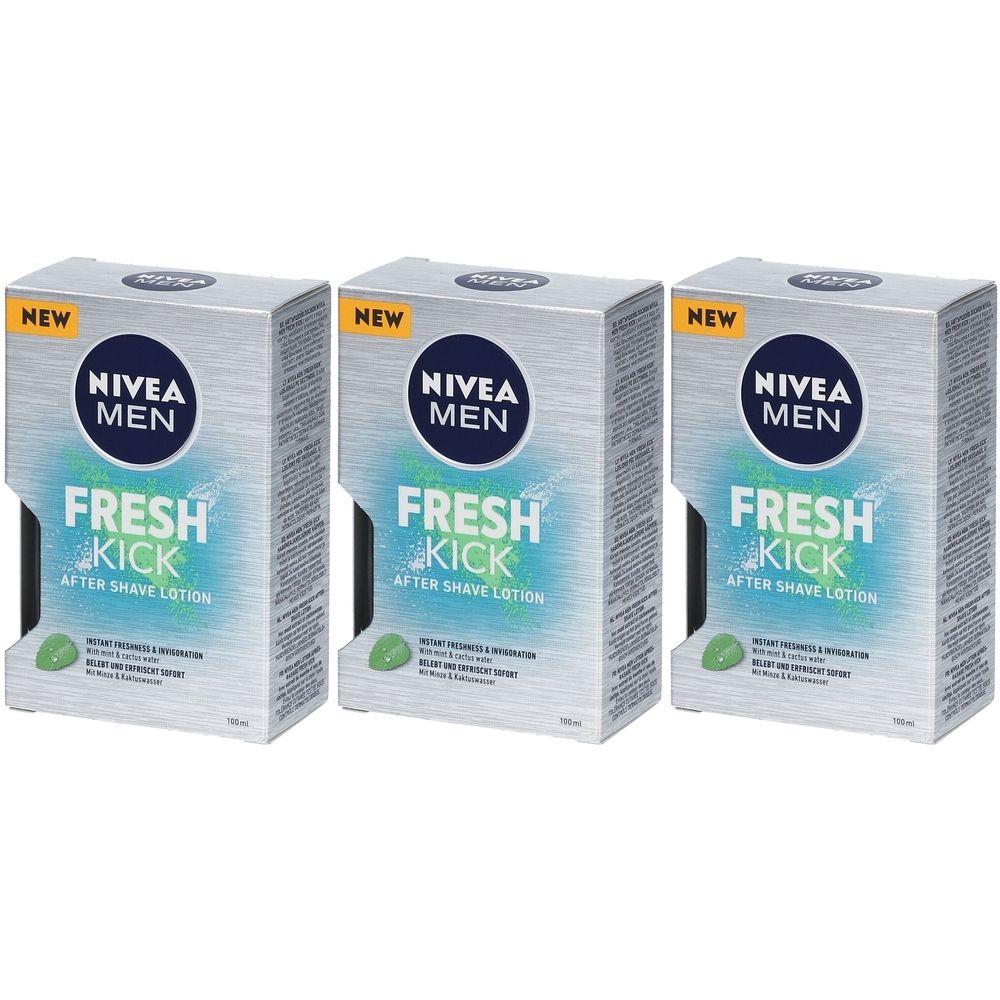 Trois boîtes de NIVEA MEN Fresh Kick After Shave Lotion. Emballage argenté avec texte bleu et vert. Inscription : NEW.