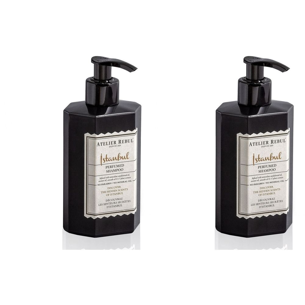 Deux flacons noirs avec pompe doseuse. L'étiquette indique "ATELIER REBUL Istanbul Shampooing Parfumé".