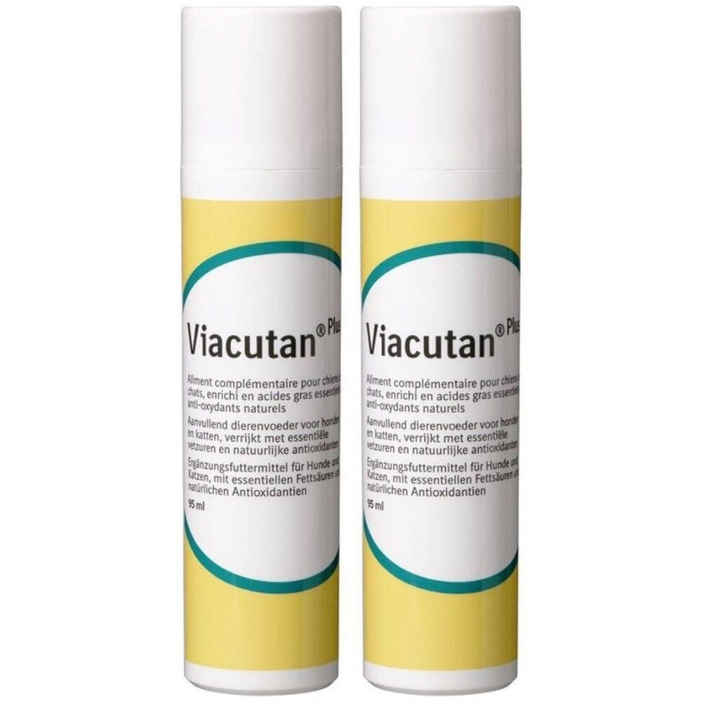 Deux flacons de Viacutan® Plus. Bouchon blanc, fond jaune, bande turquoise. Texte multilingue.
