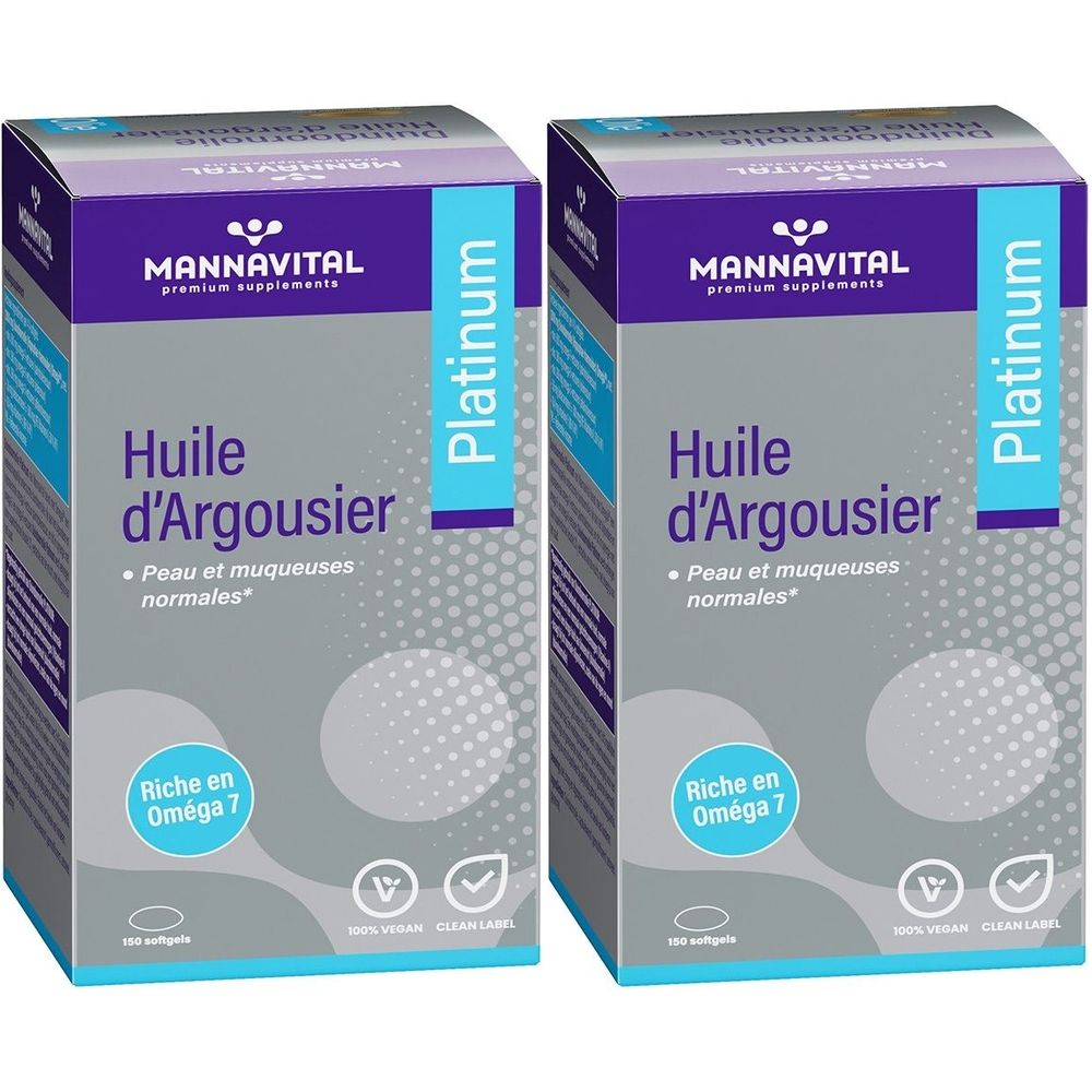 Deux boîtes rectangulaires avec nom du produit et logo. Texte: Huile d'Argousier, Riche en Oméga 7. Emballage violet, blanc et bleu.