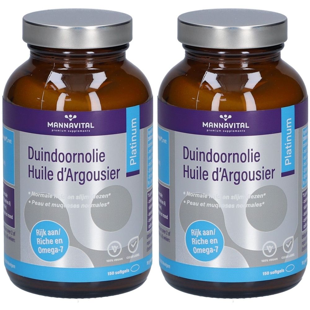 Deux flacons en verre brun avec bouchon argenté. Étiquette avec nom du produit et logo. Texte: Duindoornolie Huile d'Argousier, Rijk aan/Riche en Omega-7.