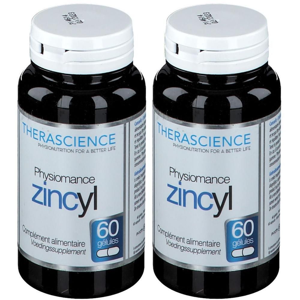 Deux flacons de THERASCIENCE Physiomance Zincyl. Flacons noirs, bouchons blancs. Inscription: 60 gélules.