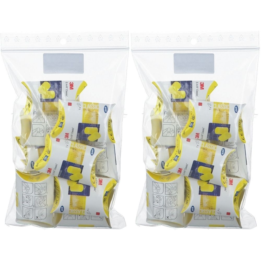 Deux sacs transparents contenant des bouchons d'oreille jaunes. Chaque sac contient plusieurs paquets de bouchons d'oreille jaunes.