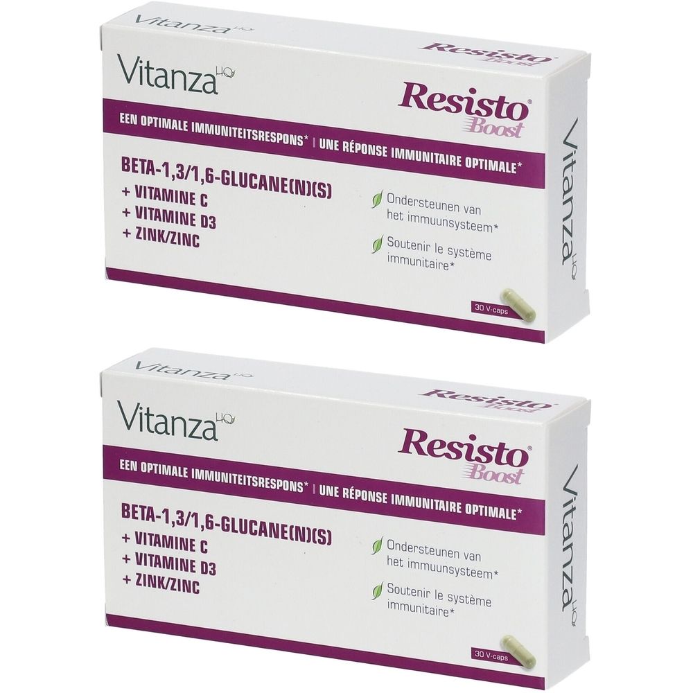Deux boîtes de Resisto Boost. Inscription: Beta-1,3/1,6-Glucane(N)S, vitamine C, vitamine D3, zinc/zinc. Logo Vitanza.