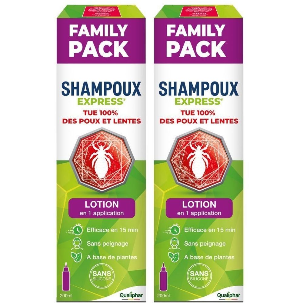 Deux boîtes de Shampoux Express Lotion Family Pack. Emballage avec nom du produit, logo et informations en français.