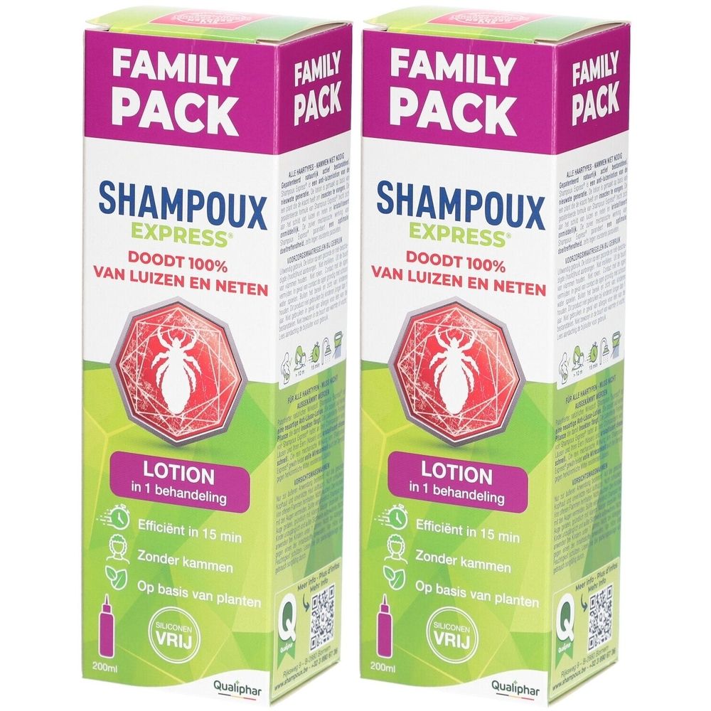 Deux boîtes de Shampoux Express Lotion Family Pack. Emballage vert, blanc et violet avec informations et logo.