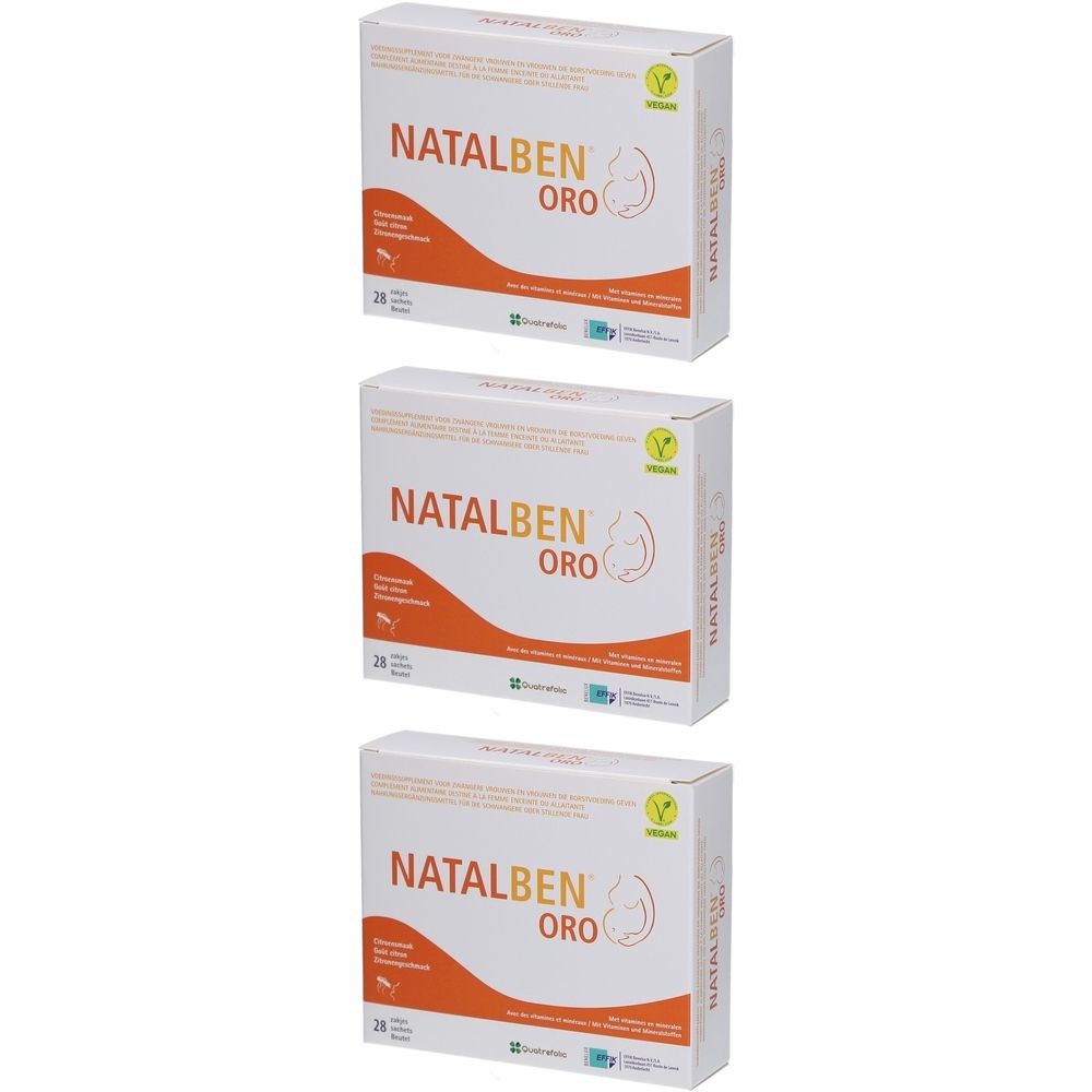 Trois boîtes Natalben ORO. Boîte blanche avec bande orange et logo. Label végétalien.