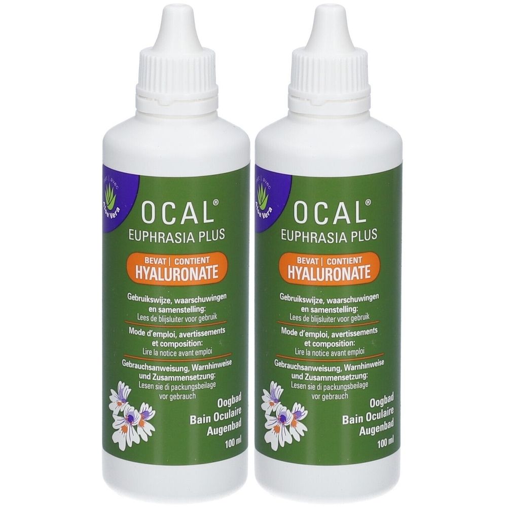Deux flacons Ocal Euphrasia Plus. Flacons blancs avec étiquettes vertes et accents violets. Contient de l'hyaluronate.