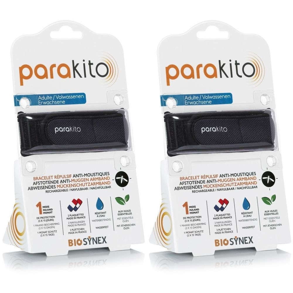Deux bracelets noirs ParaKito dans leur emballage. Texte: Bracelet répulsif anti-moustiques. Logos et informations.