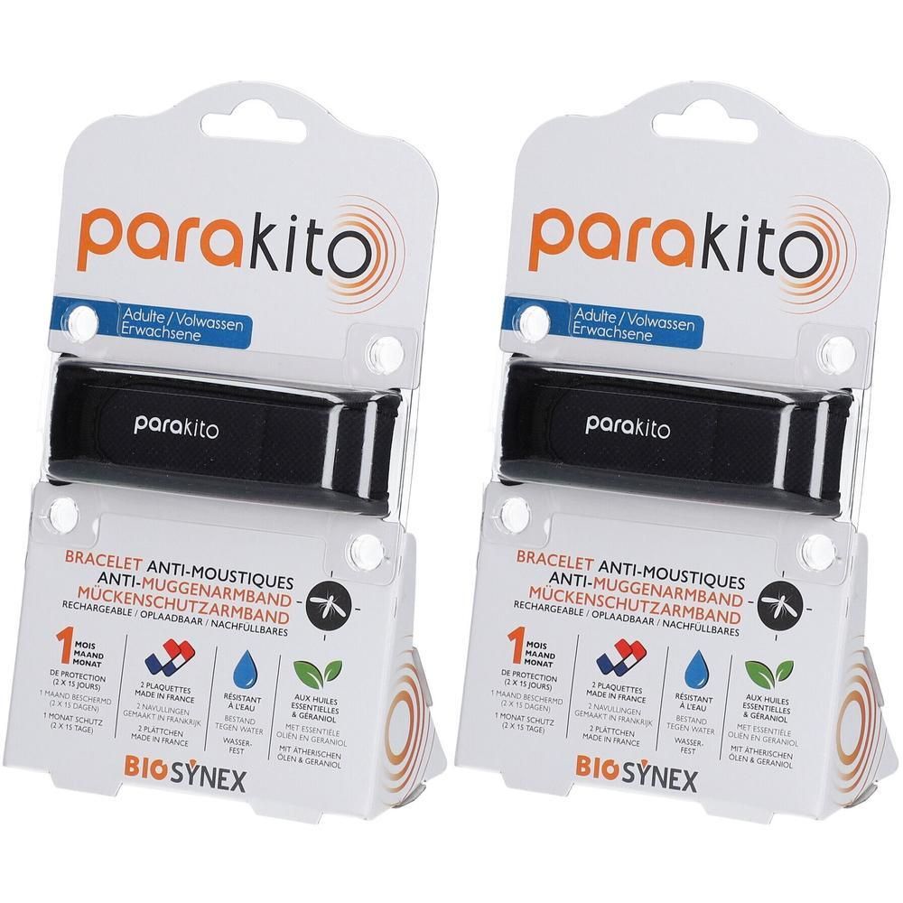 Deux bracelets noirs ParaKito dans leur emballage. Texte: Bracelet anti-moustiques. Logos et informations.