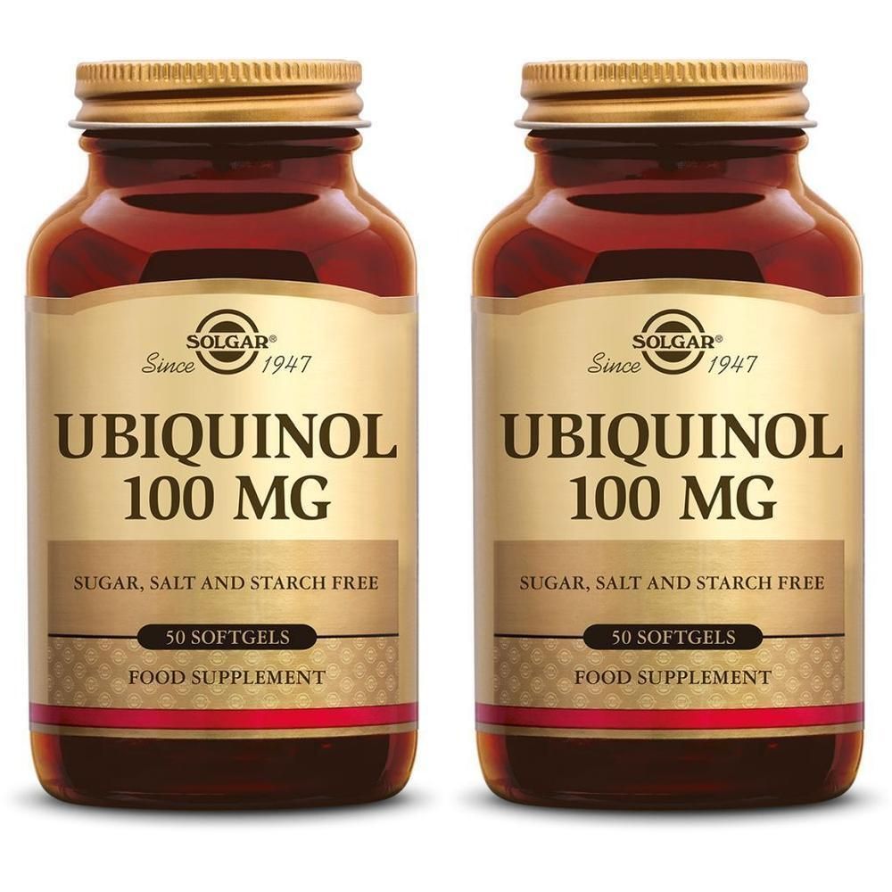 Deux flacons de Solgar Ubiquinol 100 mg. Flacons en verre brun avec bouchons dorés. Inscription: Ubiquinol 100 mg.