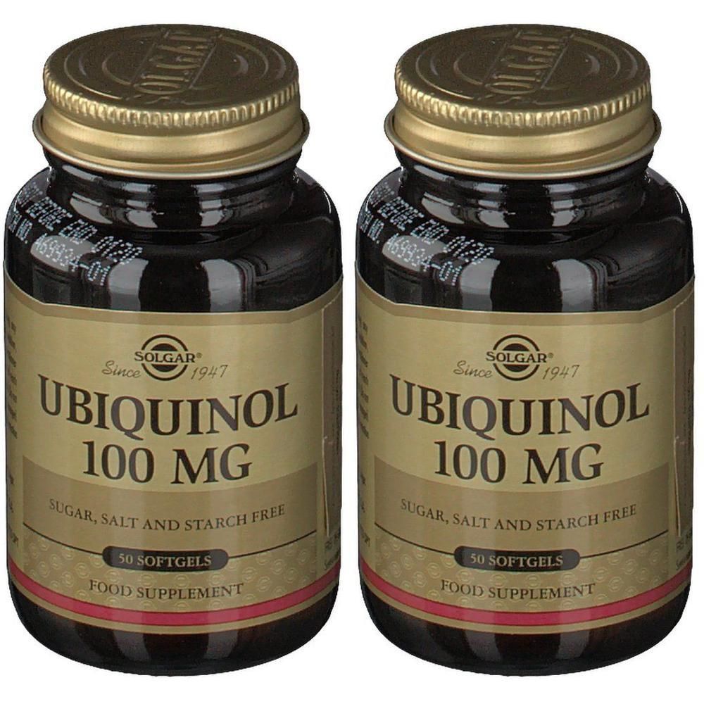 Deux flacons de Solgar Ubiquinol 100 mg. Flacons en verre brun avec bouchons dorés. Inscription: Ubiquinol 100 mg.