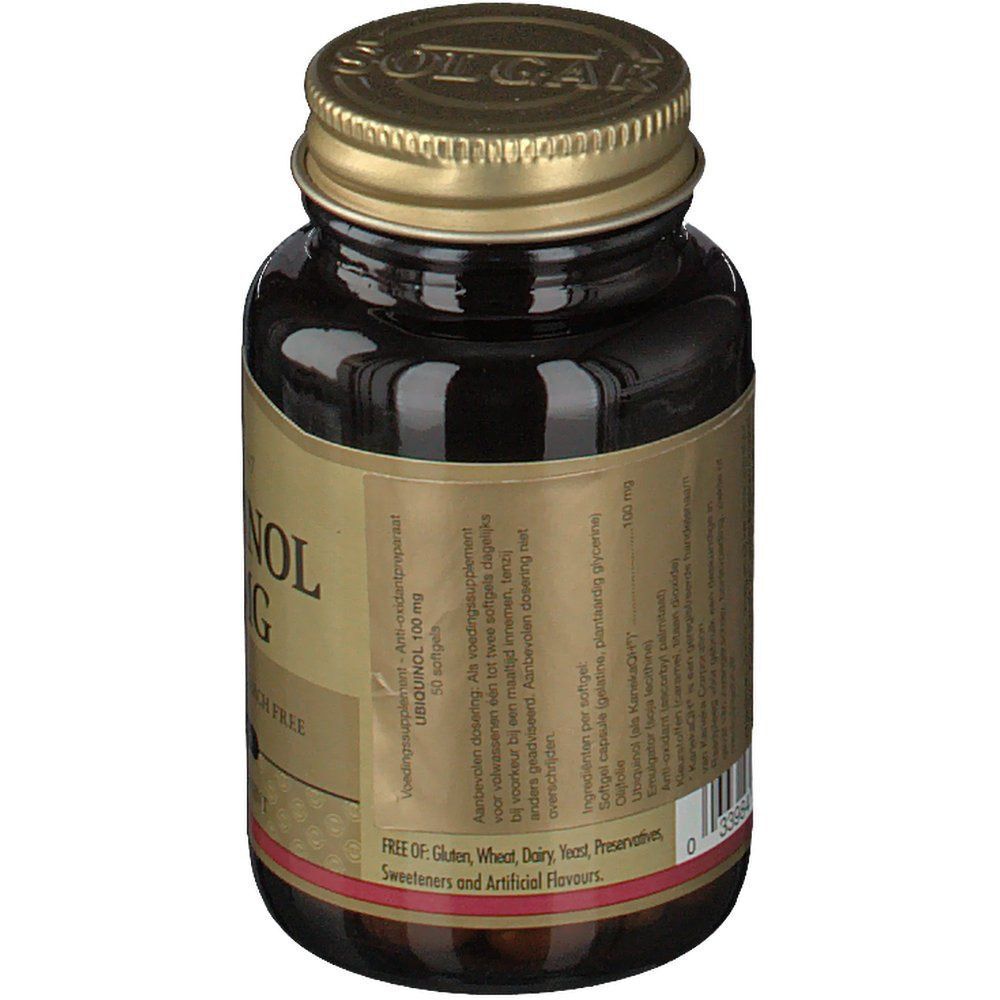 Vue arrière d'un flacon de Solgar Ubiquinol 100 mg. Flacon en verre brun avec bouchon doré. Texte sur l'étiquette.