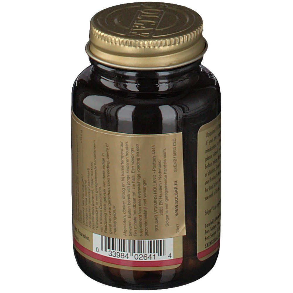 Vue arrière d'un flacon de Solgar Ubiquinol 100 mg. Flacon en verre brun avec bouchon doré. Étiquette avec texte.