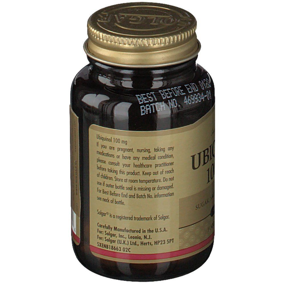 Vue arrière d'un flacon de Solgar Ubiquinol 100 mg. Flacon en verre brun avec bouchon doré. Étiquette avec texte.