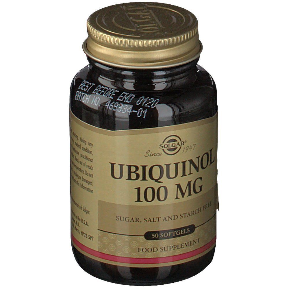 Un flacon de Solgar Ubiquinol 100 mg. Flacon en verre brun avec bouchon doré. Inscription: Ubiquinol 100 mg.