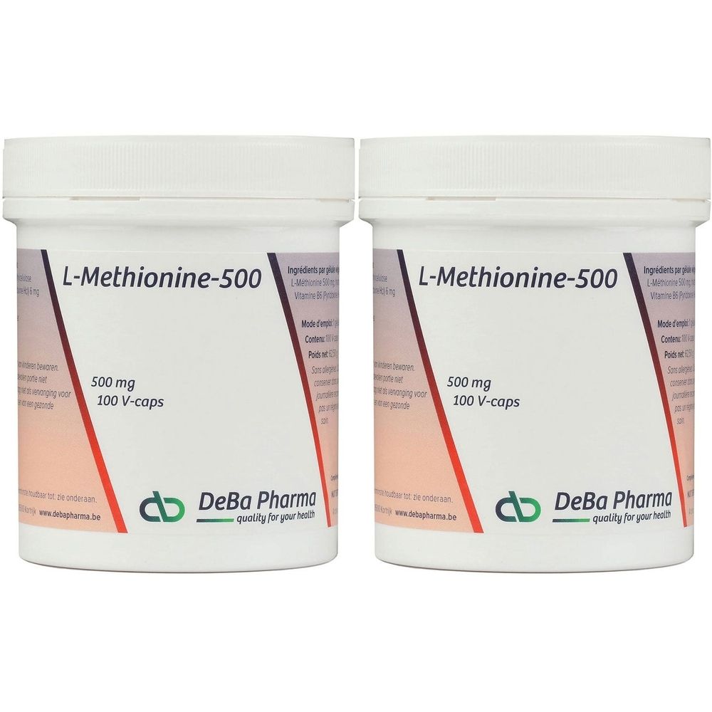 Deux contenants blancs avec l'inscription "L-Methionine-500". Chaque contenant affiche "500 mg 100 V-caps" et le logo DeBa Pharma.