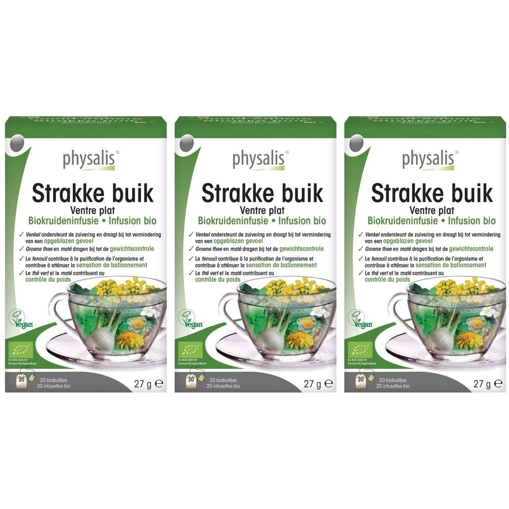 Trois boîtes de Physalis Ventre Plat Infusion Bio. Emballage vert et blanc avec nom du produit et illustration de tasse.