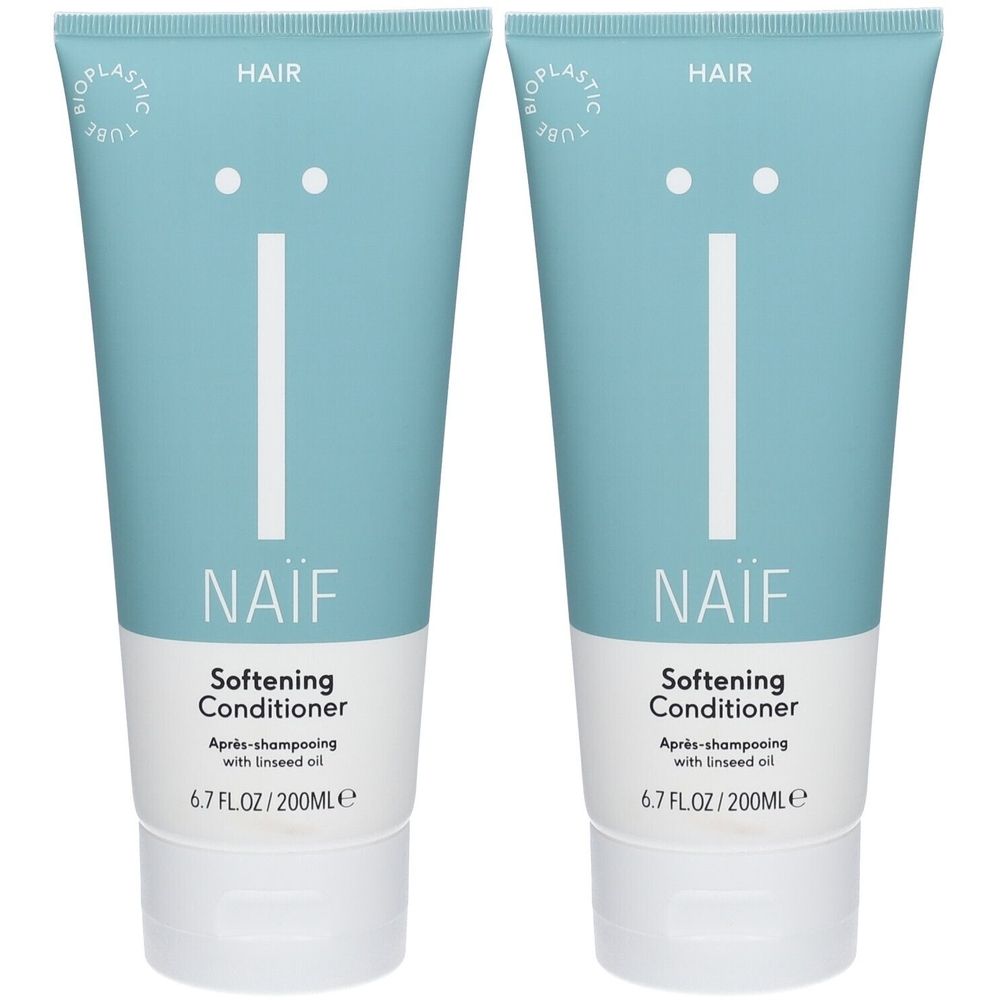 Deux tubes de NAIF Softening Conditioner. Tubes bleu clair avec texte blanc. Contient de l'huile de lin. 6.7 FL.OZ/200ML.