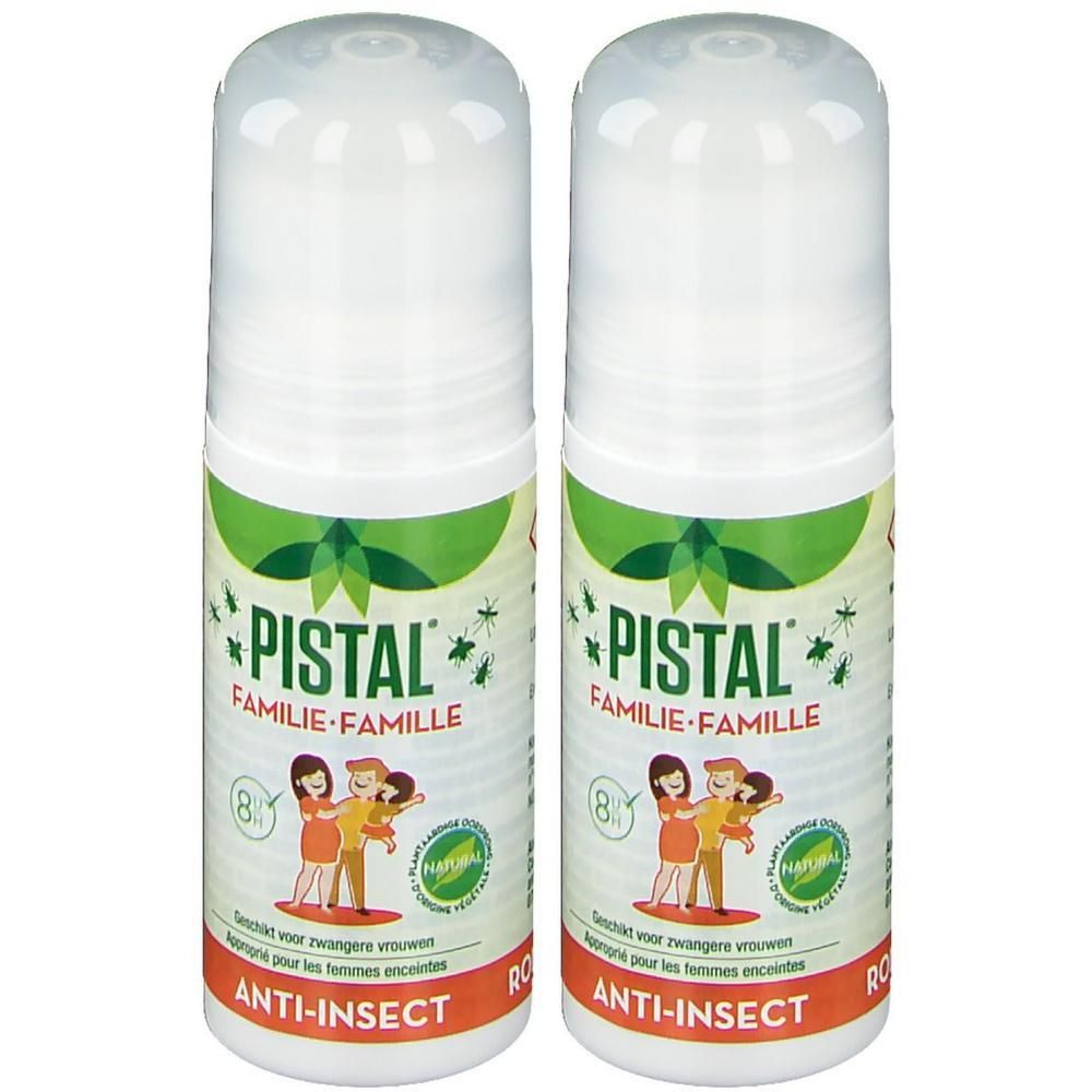Deux flacons roll-on blancs. Inscription: PISTAL Famille, Anti-Insect. Illustration d'une famille.