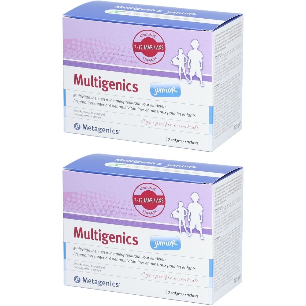 Deux boîtes de Multigenics Junior. Inscription: Multivitamine et minéraux pour enfants. 30 sachets.