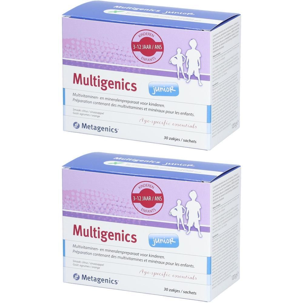Deux boîtes de Multigenics Junior. Inscription: Multivitamine et minéraux pour enfants. 30 sachets.
