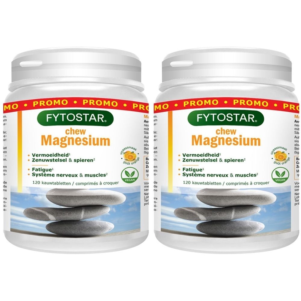 Deux flacons blancs avec couvercle rouge. Inscription : Fytostar Chew Magnesium. Contient 120 comprimés à croquer. Vegan.