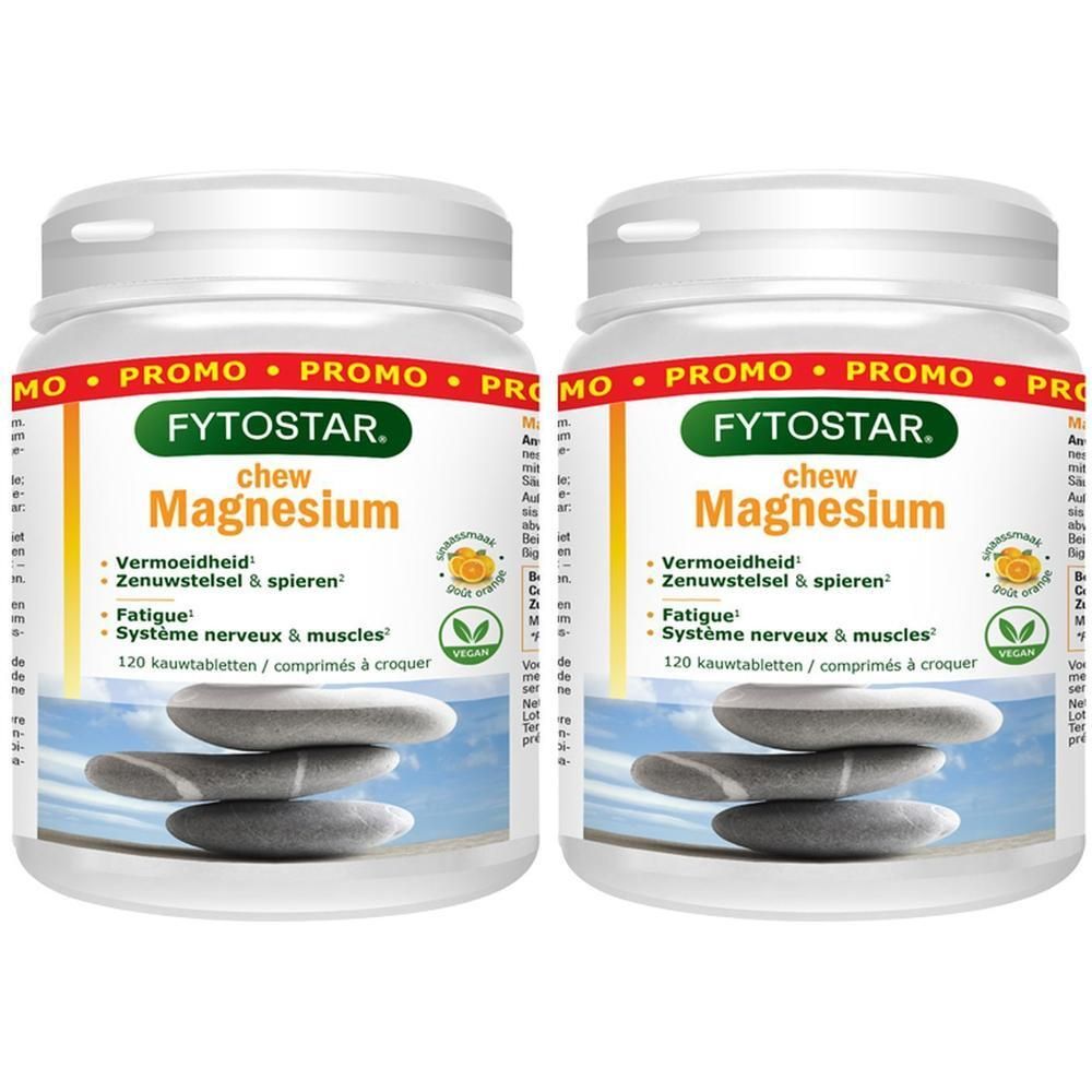 Deux flacons blancs avec couvercle rouge. Inscription : Fytostar Chew Magnesium. Contient 120 comprimés à croquer. Vegan.