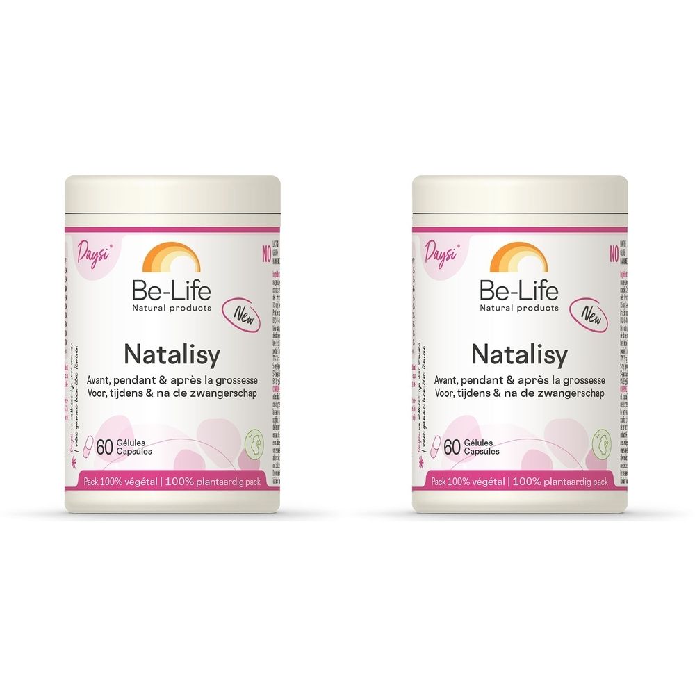 Deux flacons blancs avec étiquettes. Inscription : Be-Life Natalisy, 60 gélules. Éléments roses et oranges.