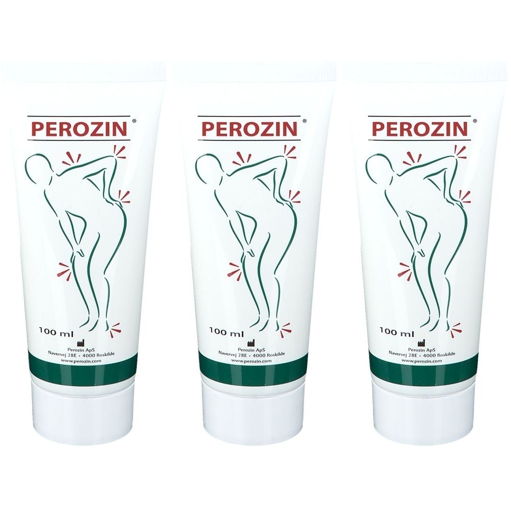 Trois tubes blancs. Chaque tube porte le nom "Perozin" et une illustration d'une personne avec des points de douleur.