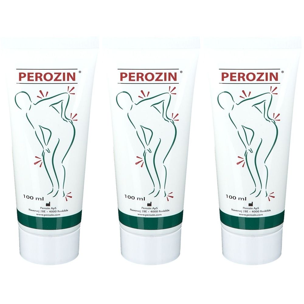 Trois tubes blancs. Chaque tube porte le nom "Perozin" et une illustration d'une personne avec des points de douleur.
